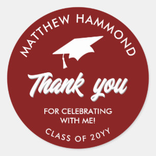 Dark Red Graduating Class Thank You Grad Cap Classic Round Sticker