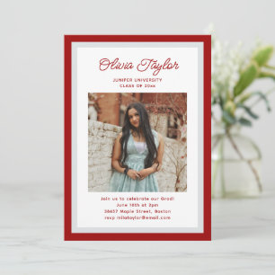 Dark Red Gray Border Photo Graduation Party Invitation
