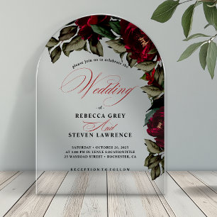 Dark red green floral moody gothic wedding arch acrylic invitations