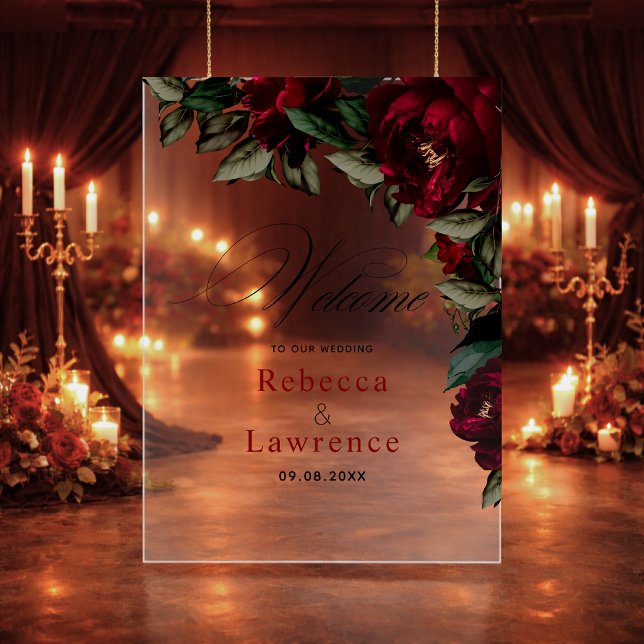 Dark red green floral moody gothic wedding welcome acrylic sign (Creator Uploaded)