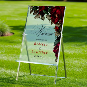 Dark red green floral moody gothic wedding welcome acrylic sign