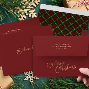 Dark red green tartan plaid Merry Christmas  Envelope