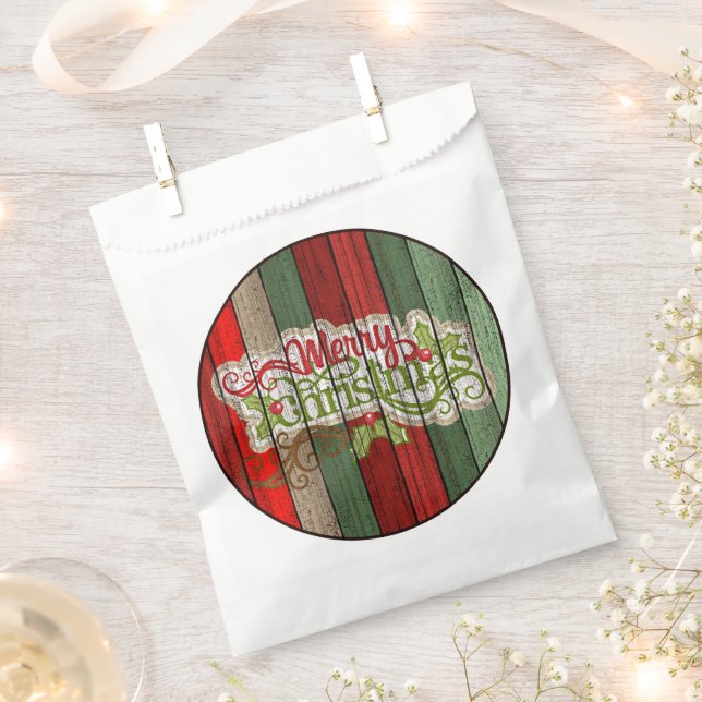 Dark Red Green Weathered Wooden Planks Pattern Favour Bags (Clipped)