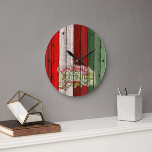 Dark Red Green Weathered Wooden Planks Pattern Large Clock