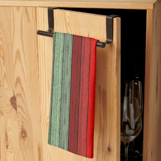 Dark Red Green Weathered Wooden Planks Pattern Tea Towel (Thirds Fold)