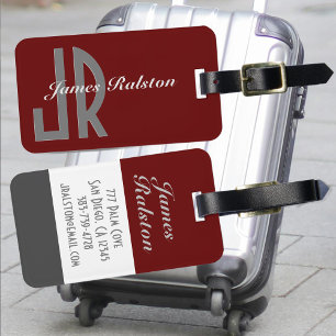 Dark Red, Grey & White Monogram, Personalise Luggage Tag