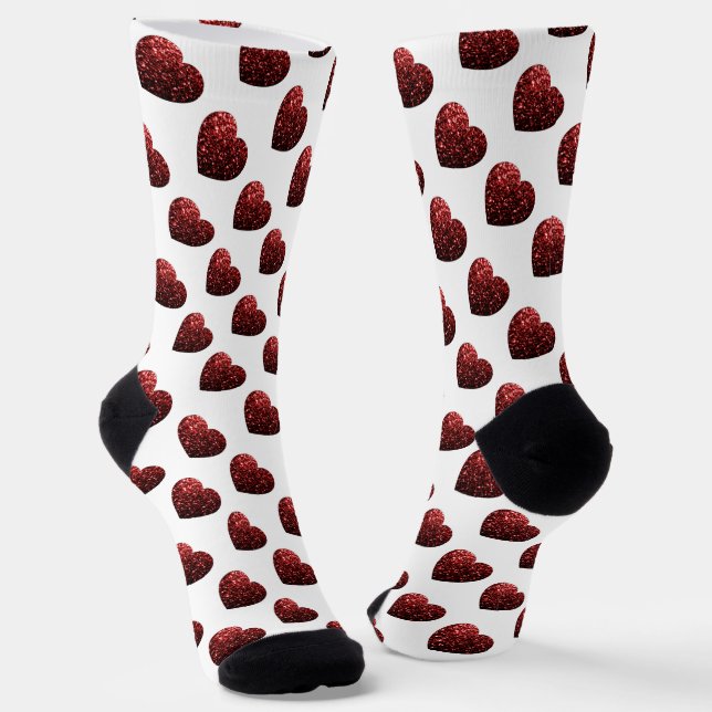 Dark red heart glitter sparkles pattern white socks (Angled)