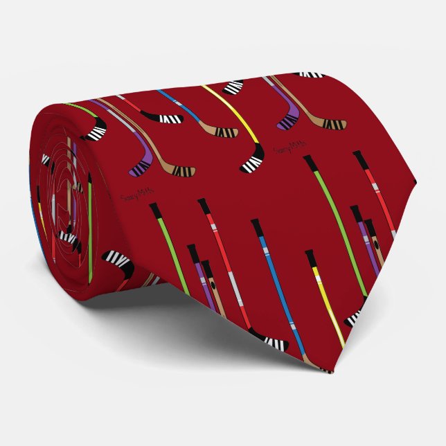 Dark Red Hockey Sticks Tie (Rolled)