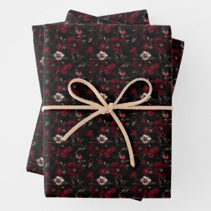 Dark Red & Ivory Flowers on Black Wrapping Paper Sheet