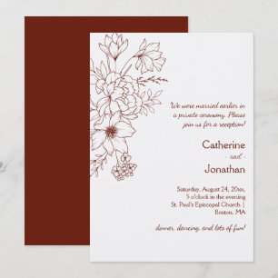 Dark Red, IvoryVintage Line Drawn Floral Reception Invitation