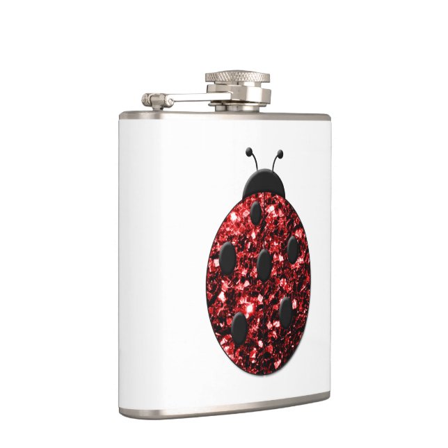 Dark red ladybug faux glitter sparkles hip flask (Right)