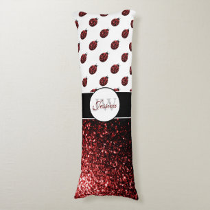 Dark red ladybug faux glitter sparkles Monogram Body Cushion