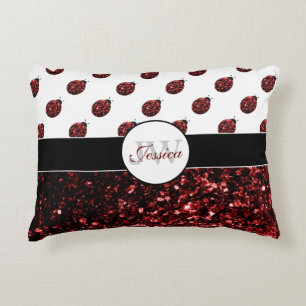 Dark red ladybug faux glitter sparkles Monogram Decorative Cushion