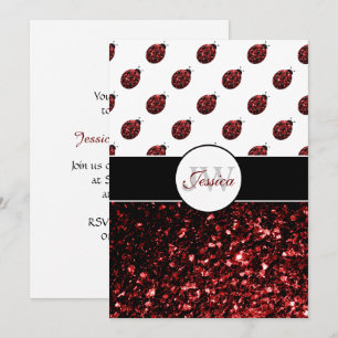 Dark red ladybug faux glitter sparkles Monogram Invitation