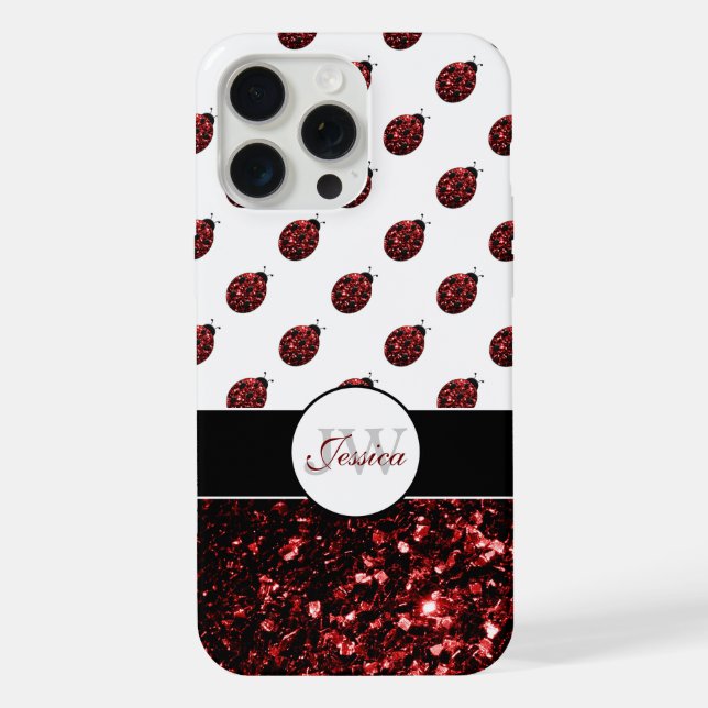 Dark red ladybug faux glitter sparkles Monogram iPhone Case (Back)