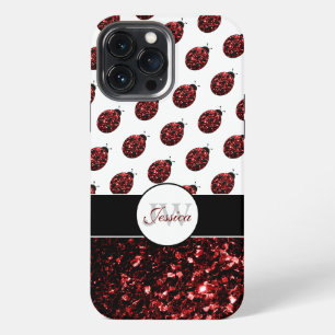 Dark red ladybug faux glitter sparkles Monogram iPhone 13 Pro Max Case