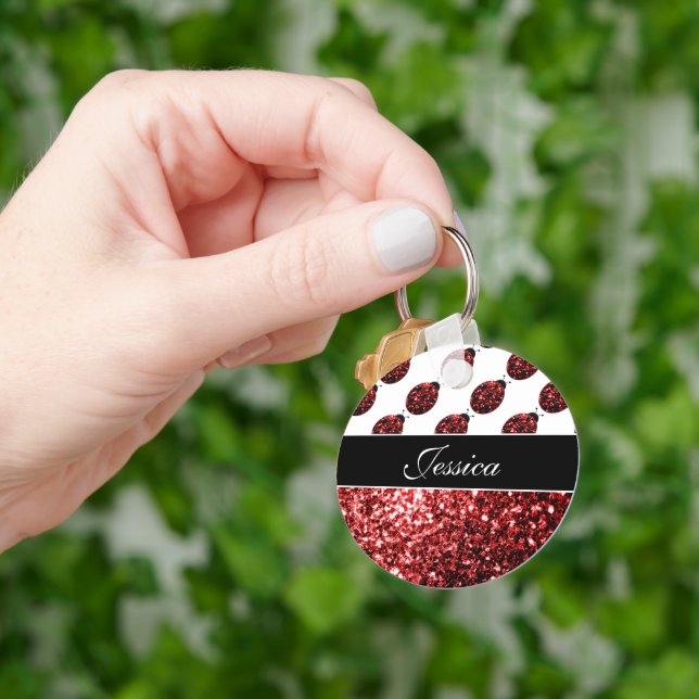 Dark red ladybug faux glitter sparkles Monogram Key Ring (Hand)