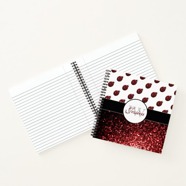 Dark red ladybug faux glitter sparkles Monogram Notebook (Inside)