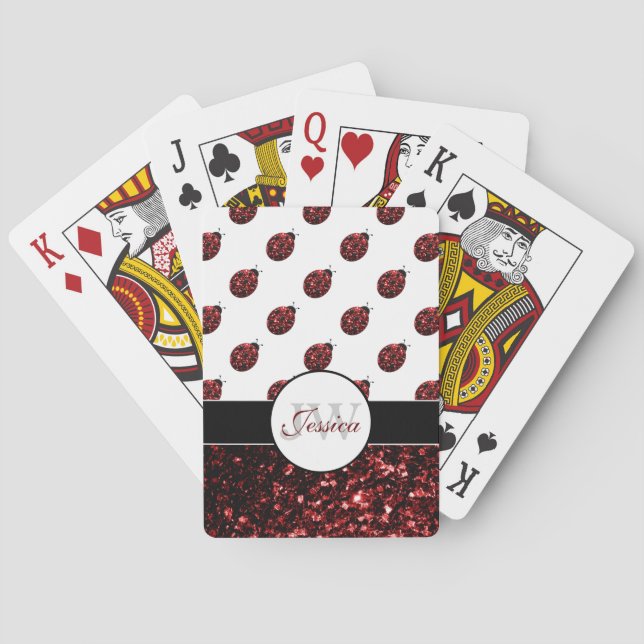 Dark red ladybug faux glitter sparkles Monogram Playing Cards (Back)
