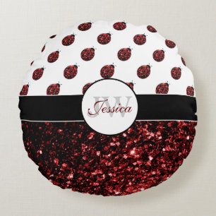 Dark red ladybug faux glitter sparkles Monogram Round Cushion