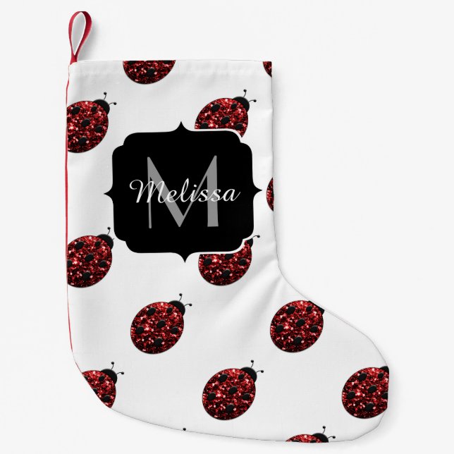 Dark red ladybug faux glitter sparkles Monogram Small Christmas Stocking (Front)
