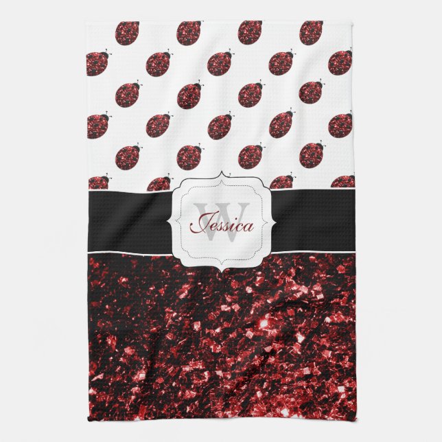 Dark red ladybug faux glitter sparkles Monogram Tea Towel (Vertical)