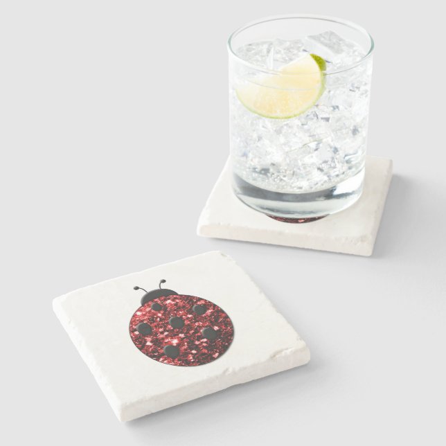 Dark red ladybug faux glitter sparkles stone coaster (Side)