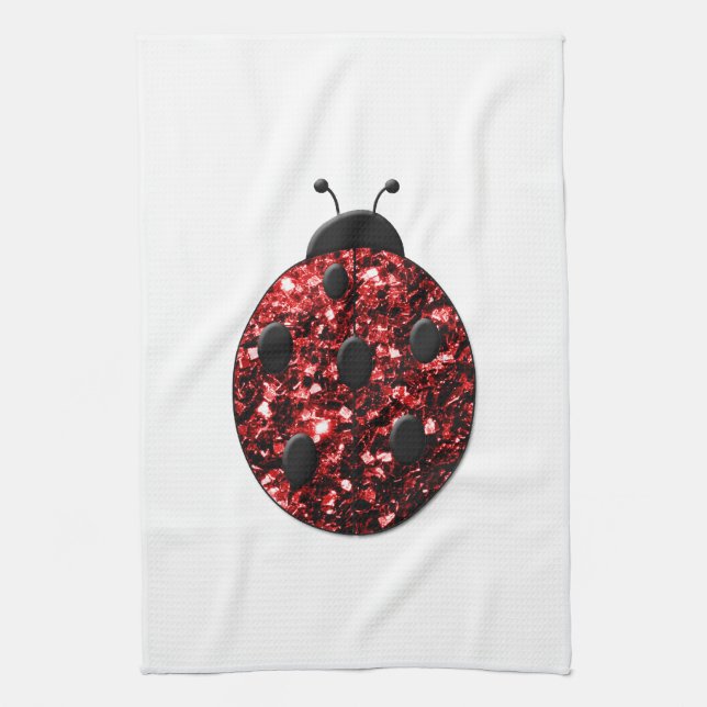 Dark red ladybug faux glitter sparkles tea towel (Vertical)