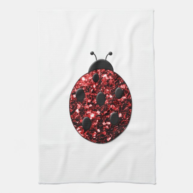 Dark red ladybug faux glitter sparkles tea towel (Vertical)
