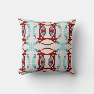 Dark Red Light Blue on Beige Large Tiles Cushion