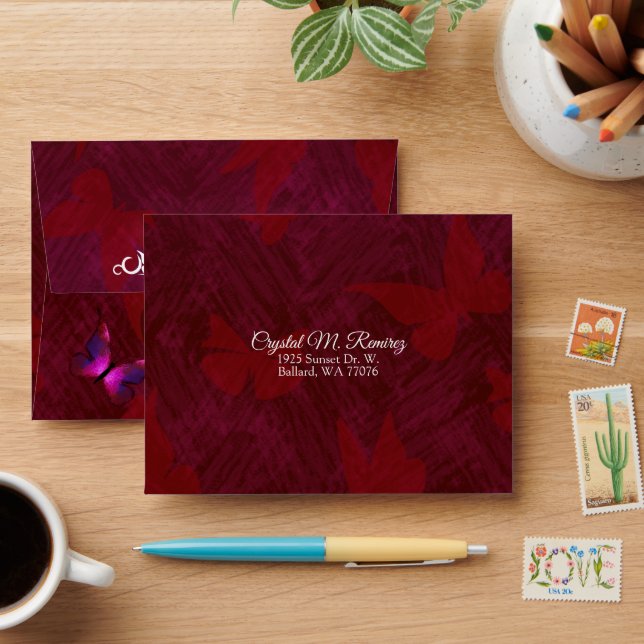 Dark Red, Magenta Butterfly Envelope (Desk)