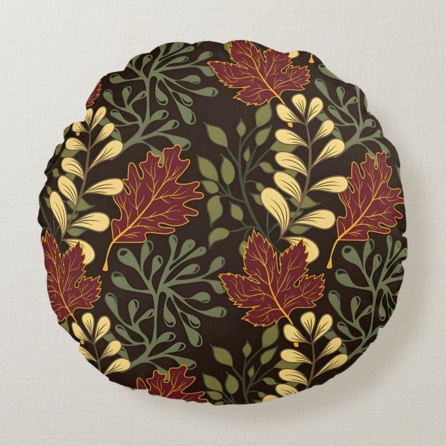 Dark red maple leaves floral pattern round cushion (Front)