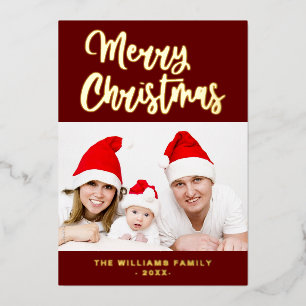 Dark Red Maroon Gold Family Photo Merry Christmas