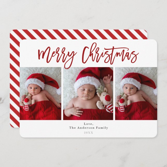 Dark Red Merry Christmas Holiday 3 Photos Photo Invitation (Front/Back)