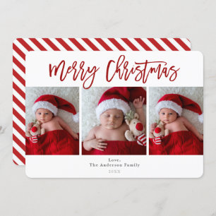 Dark Red Merry Christmas Holiday 3 Photos Photo Invitation