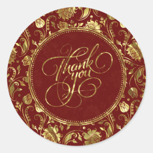 Dark Red & Metallic Gold Floral Damasks Thank You Classic Round Sticker