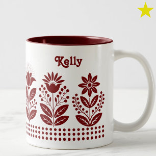 Dark Red Minimalist Folk Art Floral Custom Name Two-Tone Coffee Mug