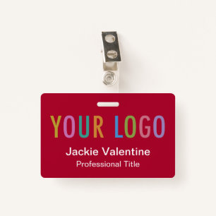 Dark Red Name Badge with Logo Clip Reel or Lanyard ID Badge