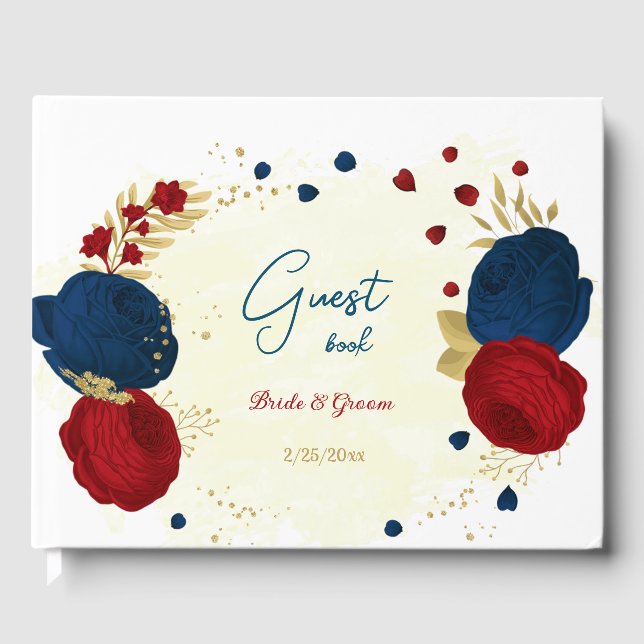 dark red & navy blue flowers gold wedding guest book (Front)