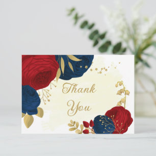 dark red & navy blue flowers gold wedding thank yo thank you card