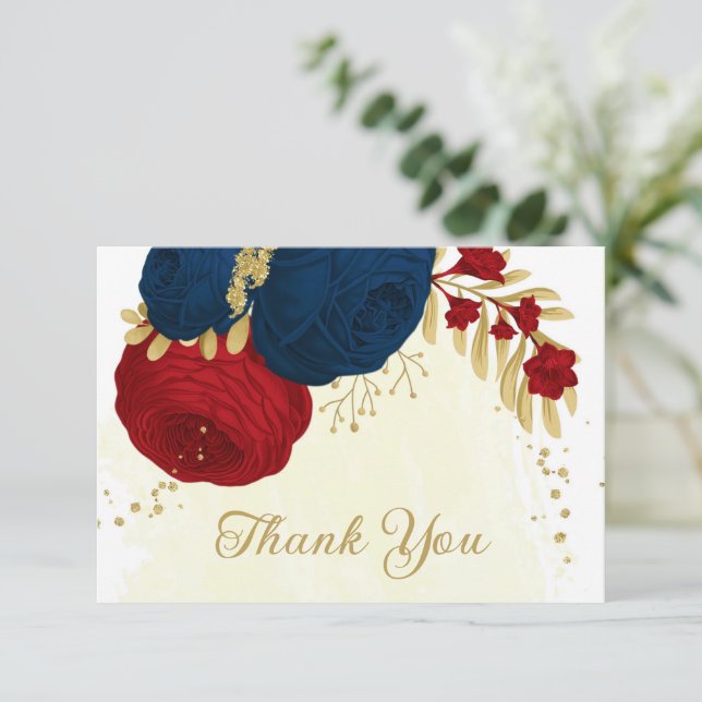 dark red & navy blue flowers gold wedding thank you card (Standing Front)