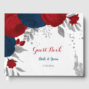 dark red & navy blue flowers silver botanical guest book