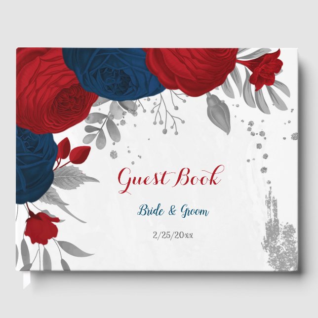 dark red & navy blue flowers silver botanical guest book (Front)