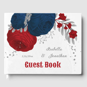 dark red & navy blue flowers silver botanical guest book