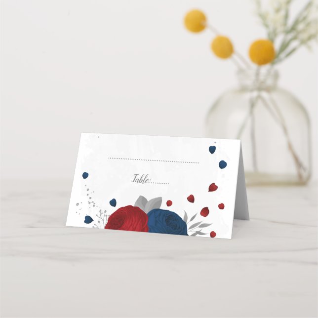 dark red & navy blue flowers silver botanical place card (Front)