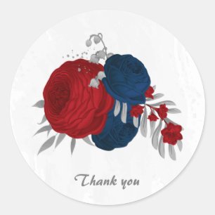 dark red & navy blue flowers silver  classic round sticker