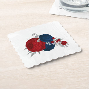 dark red & navy blue flowers silver paper coaster