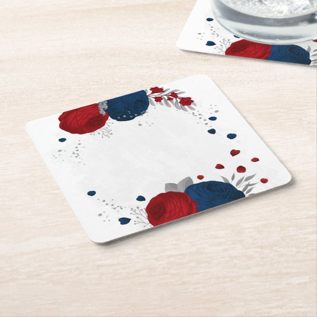 dark red & navy blue flowers silver square paper coaster (Angled)