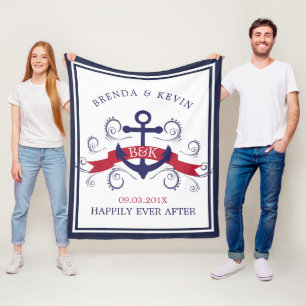 Dark-red & navy-blue nautical anchor fleece blanket