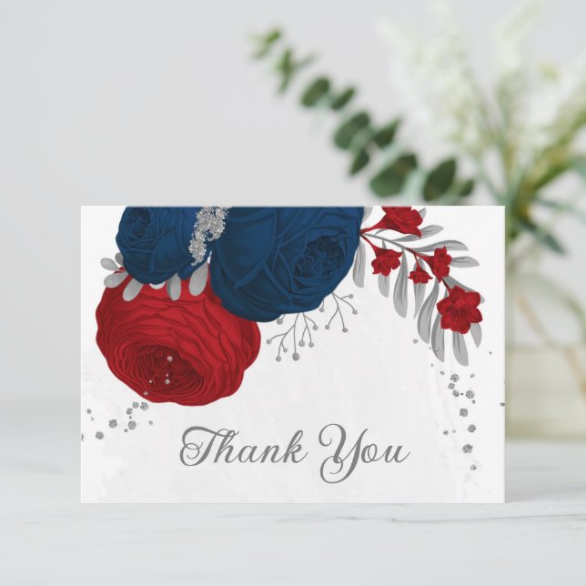 dark red & navy flowers silver botanical wedding thank you card (Standing Front)